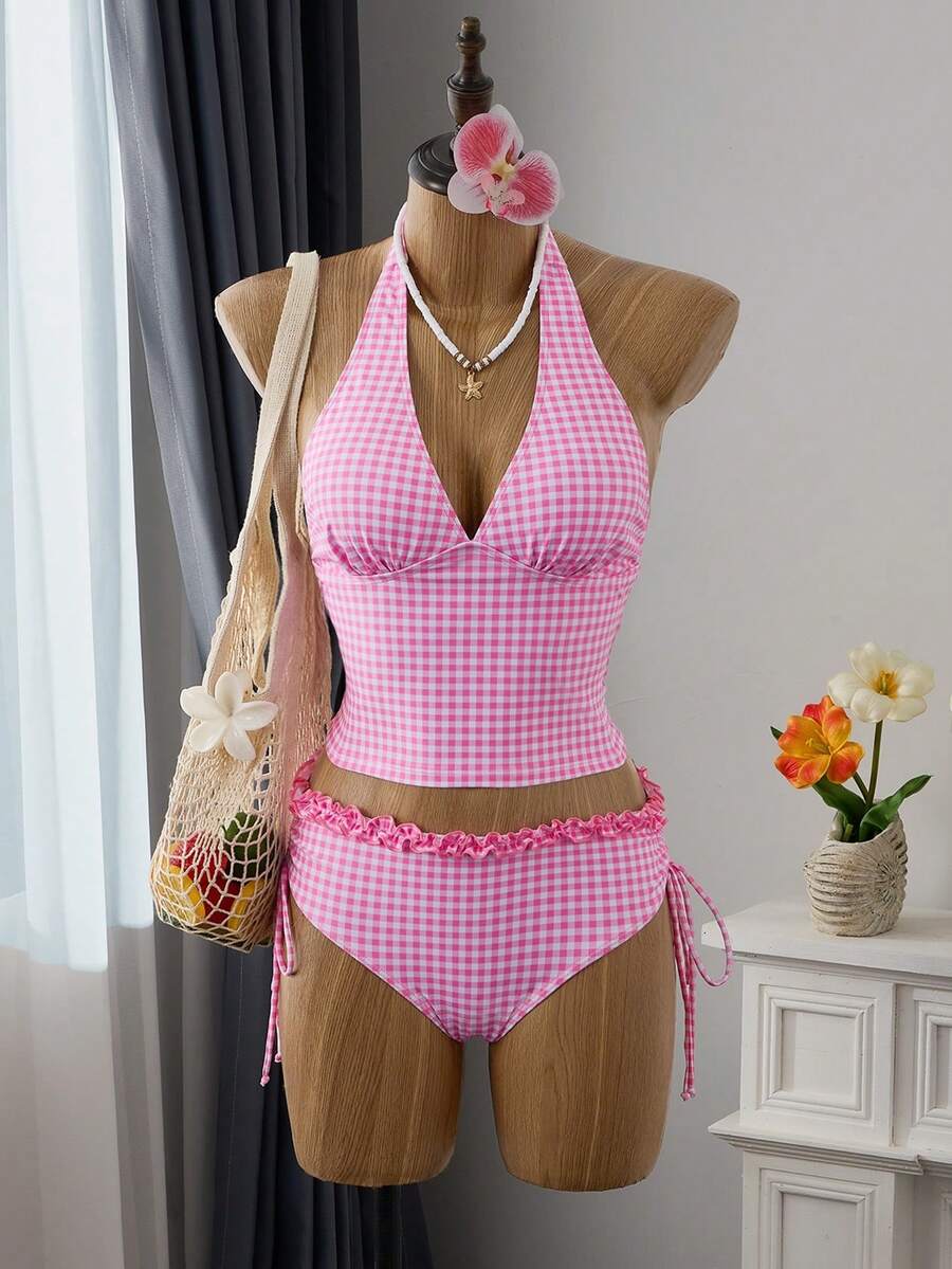 Women's 2-Piece Polka Dot Bikini Set - Ruffle Trim, Halter, Cropped Top, Black