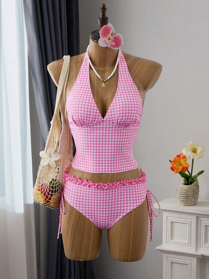 Women's 2-Piece Polka Dot Bikini Set - Ruffle Trim, Halter, Cropped Top, Black