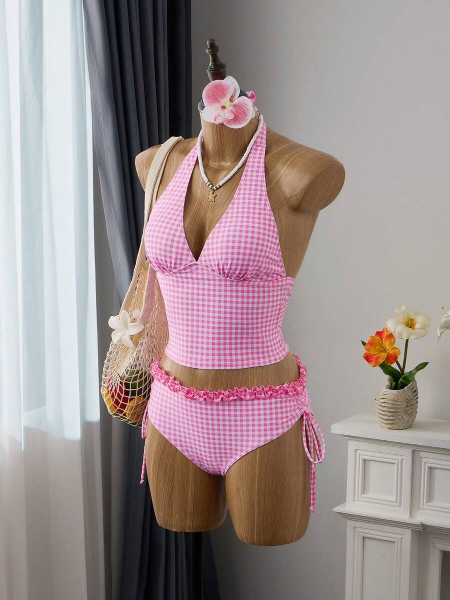 Women's 2-Piece Polka Dot Bikini Set - Ruffle Trim, Halter, Cropped Top, Black