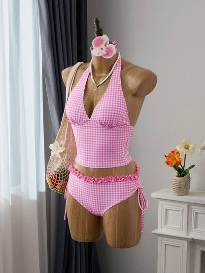 Women's 2-Piece Polka Dot Bikini Set - Ruffle Trim, Halter, Cropped Top, Black