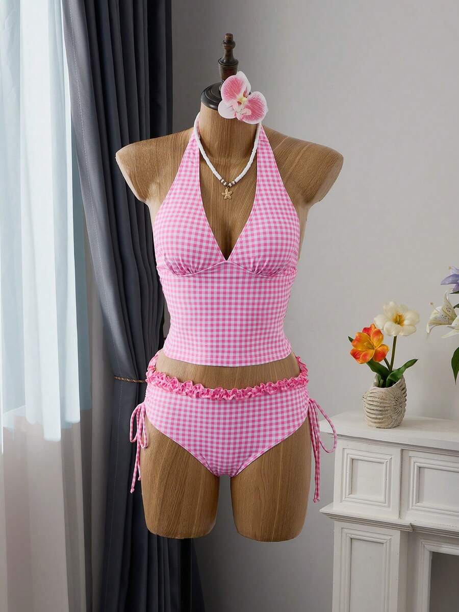 Women's 2-Piece Polka Dot Bikini Set - Ruffle Trim, Halter, Cropped Top, Black