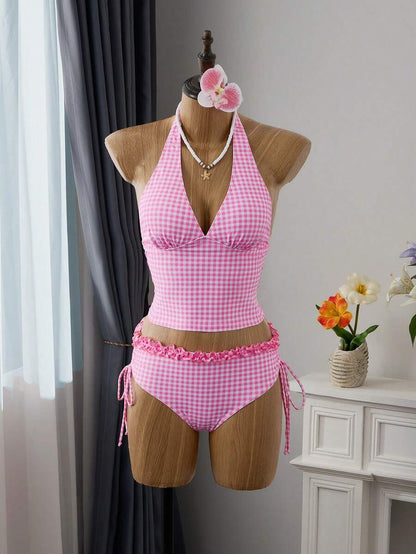 Women's 2-Piece Polka Dot Bikini Set - Ruffle Trim, Halter, Cropped Top, Black