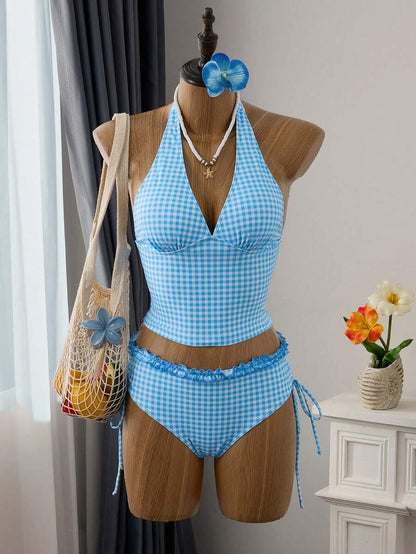 Women's 2-Piece Polka Dot Bikini Set - Ruffle Trim, Halter, Cropped Top, Black