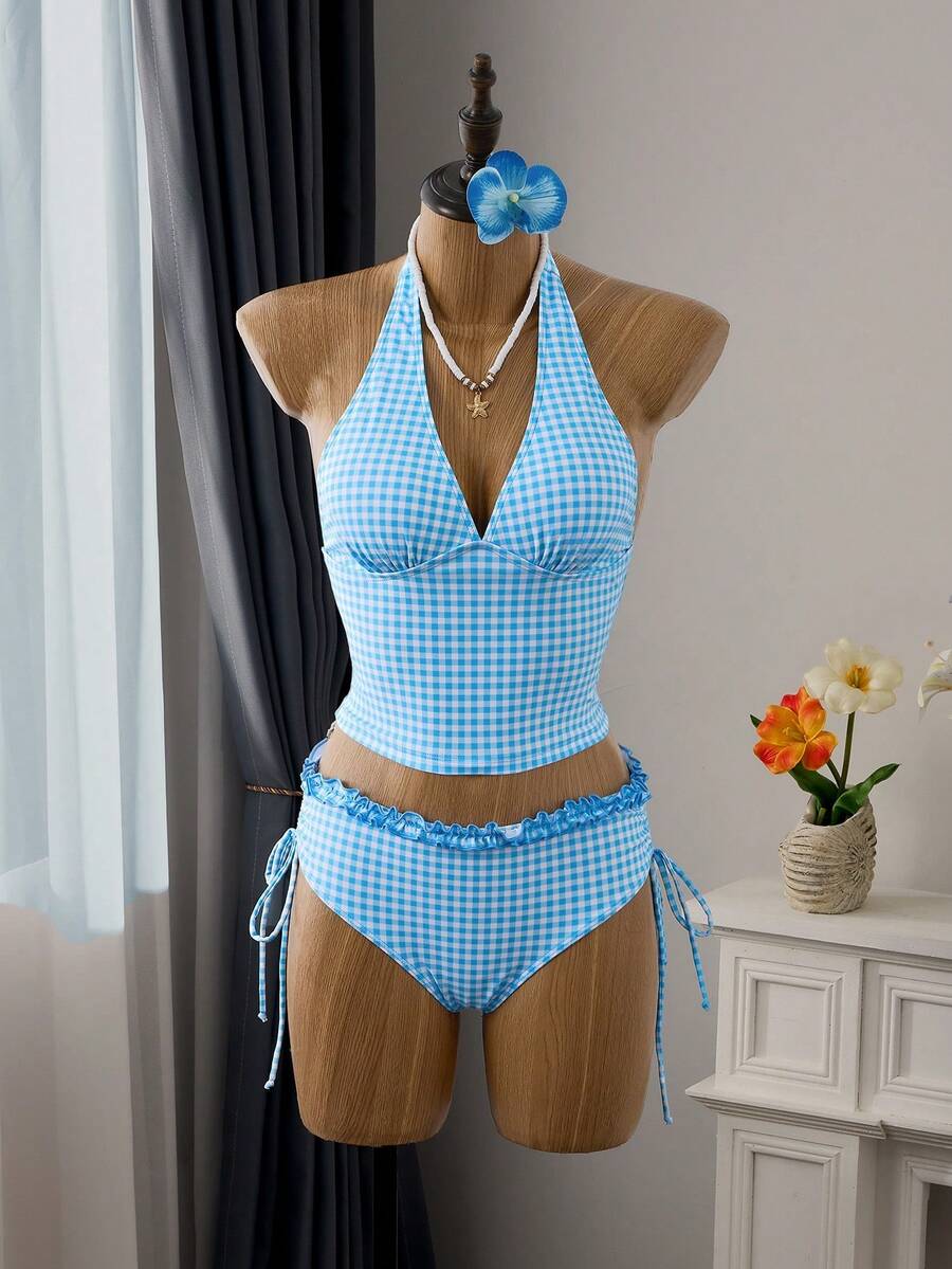 Women's 2-Piece Polka Dot Bikini Set - Ruffle Trim, Halter, Cropped Top, Black