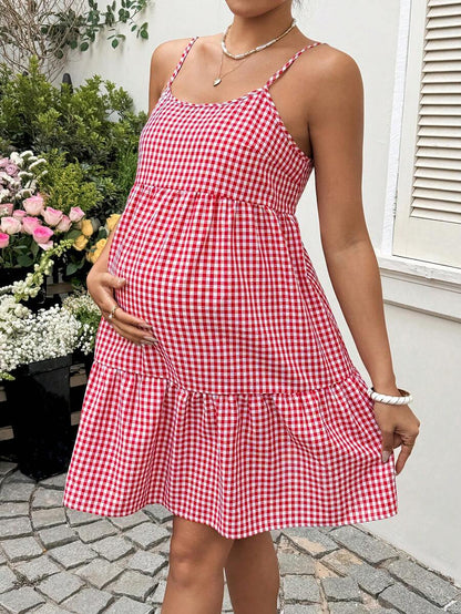 Maternity Red Plaid Cami Dress - Spaghetti Strap, Cold Shoulder, Backless, Slim Fit, Red