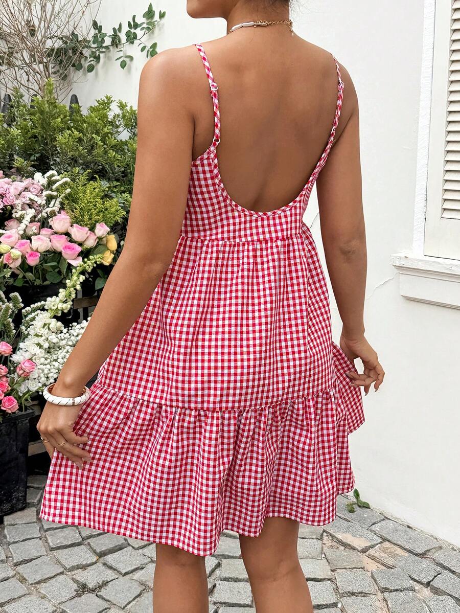 Maternity Red Plaid Cami Dress - Spaghetti Strap, Cold Shoulder, Backless, Slim Fit, Red