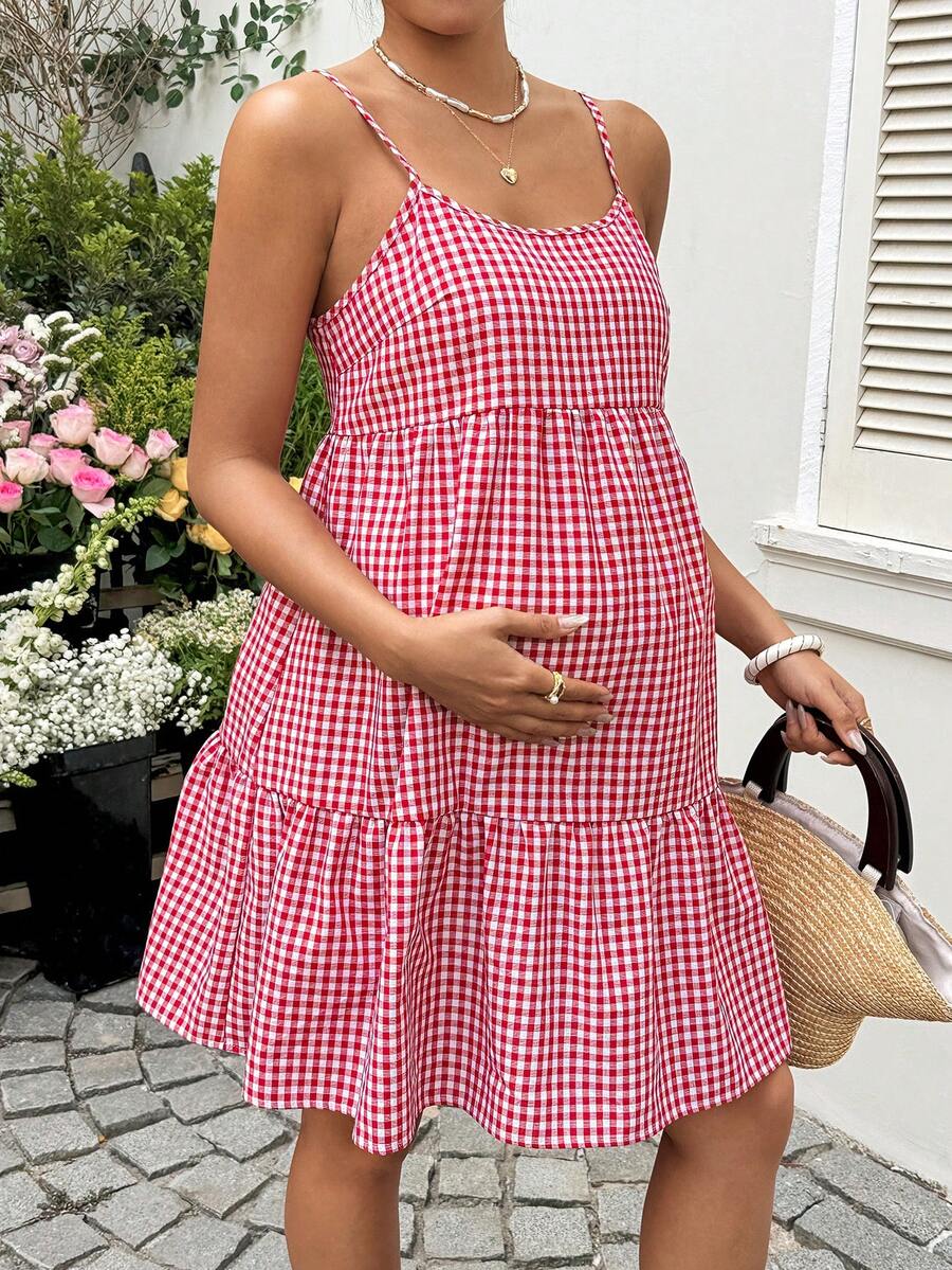 Maternity Red Plaid Cami Dress - Spaghetti Strap, Cold Shoulder, Backless, Slim Fit, Red