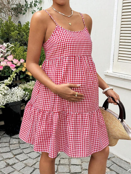 Maternity Red Plaid Cami Dress - Spaghetti Strap, Cold Shoulder, Backless, Slim Fit, Red