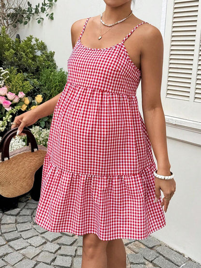 Maternity Red Plaid Cami Dress - Spaghetti Strap, Cold Shoulder, Backless, Slim Fit, Red
