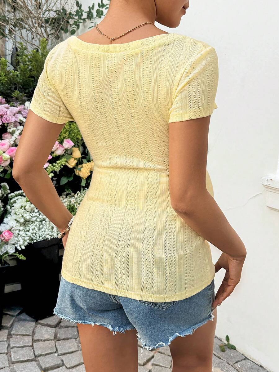 Yellow Maternity Deep V Neck Short Sleeve T-Shirt Slim Fit Ruched Mesh Knit Top for Casual Summer Vacation and Night Out