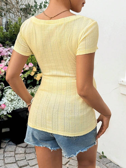 Yellow Maternity Deep V Neck Short Sleeve T-Shirt Slim Fit Ruched Mesh Knit Top for Casual Summer Vacation and Night Out