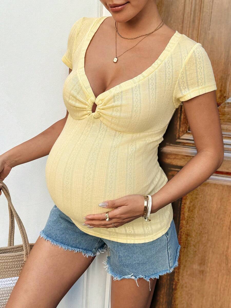 Yellow Maternity Deep V Neck Short Sleeve T-Shirt Slim Fit Ruched Mesh Knit Top for Casual Summer Vacation and Night Out