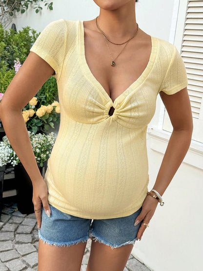 Yellow Maternity Deep V Neck Short Sleeve T-Shirt Slim Fit Ruched Mesh Knit Top for Casual Summer Vacation and Night Out