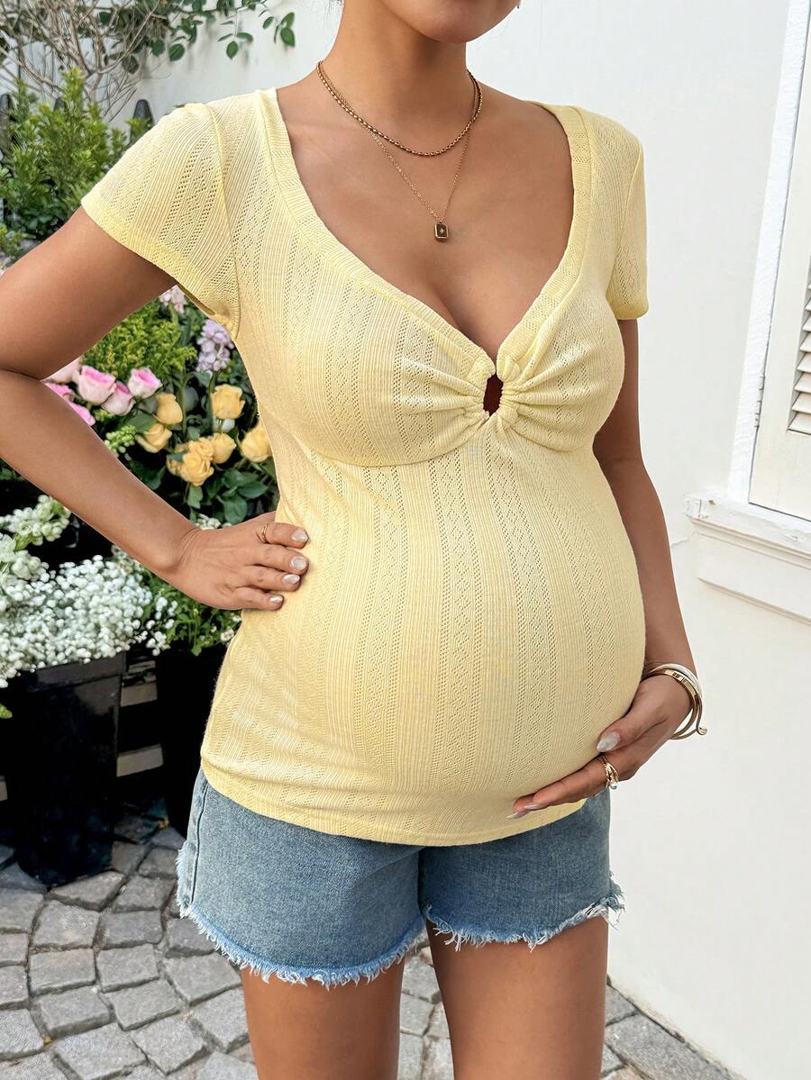 Yellow Maternity Deep V Neck Short Sleeve T-Shirt Slim Fit Ruched Mesh Knit Top for Casual Summer Vacation and Night Out