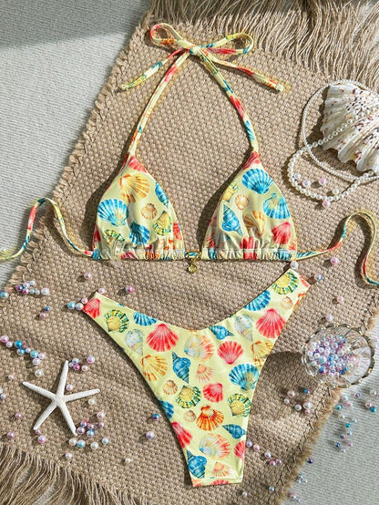 Swim Vcay Swim Mod Summer 2pcs Halter Random Floral Print & High Cut Bottoms Bikini Set, Beach Vacation