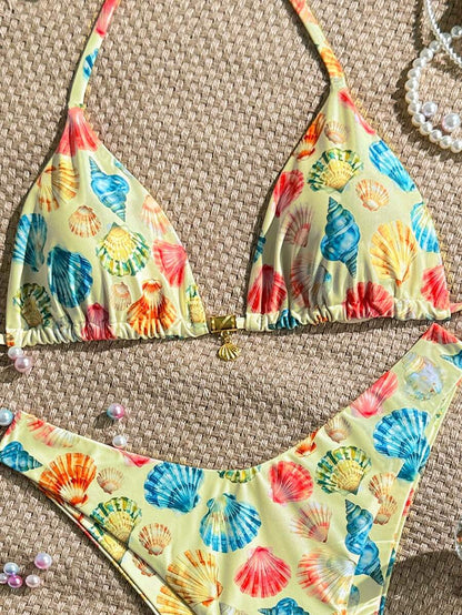 Swim Mod Summer 2 Pieces Outfits For Women - Spaghetti Strap Random Print Top And High Cut Swim Bottoms, Beach Holiday Bikini Set