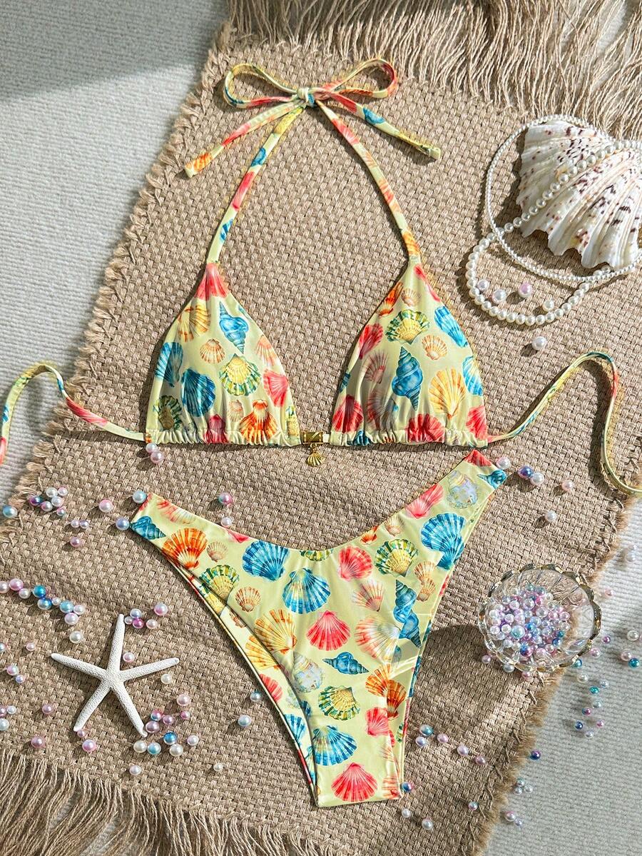 Swim Vcay Swim Mod Summer 2pcs Halter Random Floral Print & High Cut Bottoms Bikini Set, Beach Vacation