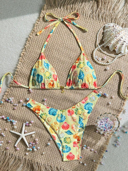 Swim Vcay Swim Mod Summer 2pcs Halter Random Floral Print & High Cut Bottoms Bikini Set, Beach Vacation