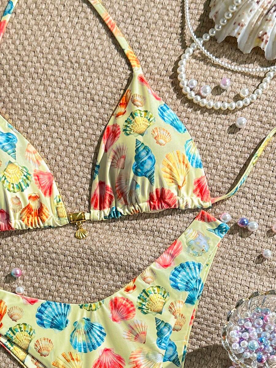 Swim Vcay Swim Mod Summer 2pcs Halter Random Floral Print & High Cut Bottoms Bikini Set, Beach Vacation