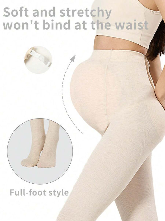 Maternity Tights - Cream High Waist Adjustable Belly Support Medium Thick Stirrup, Spring Autumn