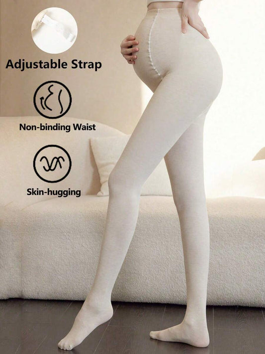 Maternity Tights - Cream High Waist Adjustable Belly Support Medium Thick Stirrup, Spring Autumn