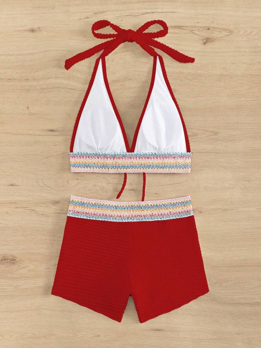 Women's 2-Piece Lace-Up Bikini Set - Twist Halter, Tie Back, High Waist Shorts, Mint Green