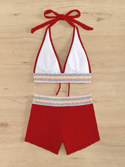 Women's 2-Piece Lace-Up Bikini Set - Twist Halter, Tie Back, High Waist Shorts, Mint Green