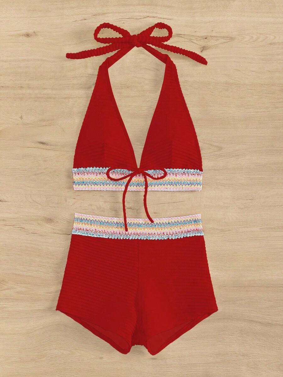 Women's 2-Piece Lace-Up Bikini Set - Twist Halter, Tie Back, High Waist Shorts, Mint Green