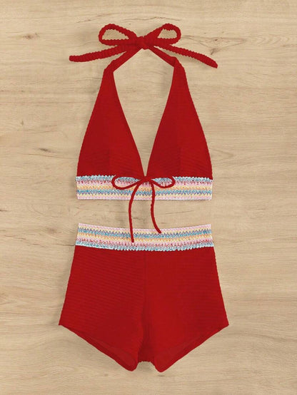 Women's 2-Piece Lace-Up Bikini Set - Twist Halter, Tie Back, High Waist Shorts, Mint Green
