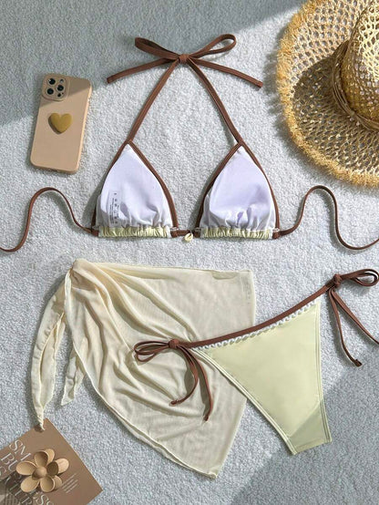 Women's 3-Piece Floral Halter Bikini Set - Skirt Bottom, Backless, High Waist, Blue and White