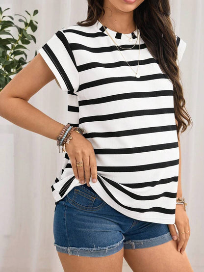Navy Blue Striped Maternity T-Shirt - Loose Fit Batwing Sleeve Round Neck Summer Top - Casual Knitted Cap Sleeve Pregnancy Shirt