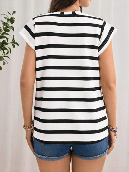 Navy Blue Striped Maternity T-Shirt - Loose Fit Batwing Sleeve Round Neck Summer Top - Casual Knitted Cap Sleeve Pregnancy Shirt