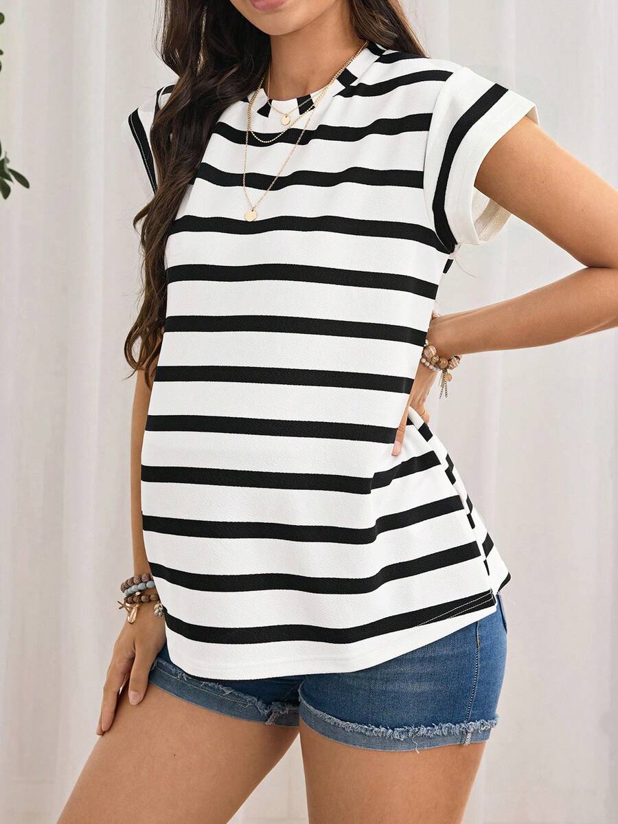 Maternity Short Sleeve Striped T-Shirt, Minimalist & Stylish, Suitable For Summer