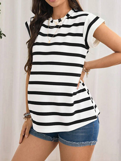 Navy Blue Striped Maternity T-Shirt - Loose Fit Batwing Sleeve Round Neck Summer Top - Casual Knitted Cap Sleeve Pregnancy Shirt