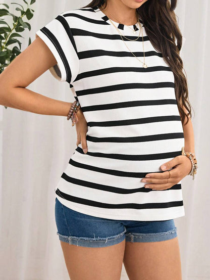 Navy Blue Striped Maternity T-Shirt - Loose Fit Batwing Sleeve Round Neck Summer Top - Casual Knitted Cap Sleeve Pregnancy Shirt