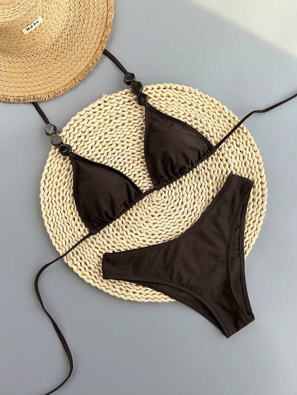 Swim Vcay 2026 Spring/Summer Women's Spaghetti Strap Halter Neck Black Base White Polka Dot Random Print Sweet Cute Side High Cut Bikini Swimwear 2-Piece Set Vacation Bikini Set Pink Bikini Set High Leg Bikini Set Modest Bikini Set Bikini Set
