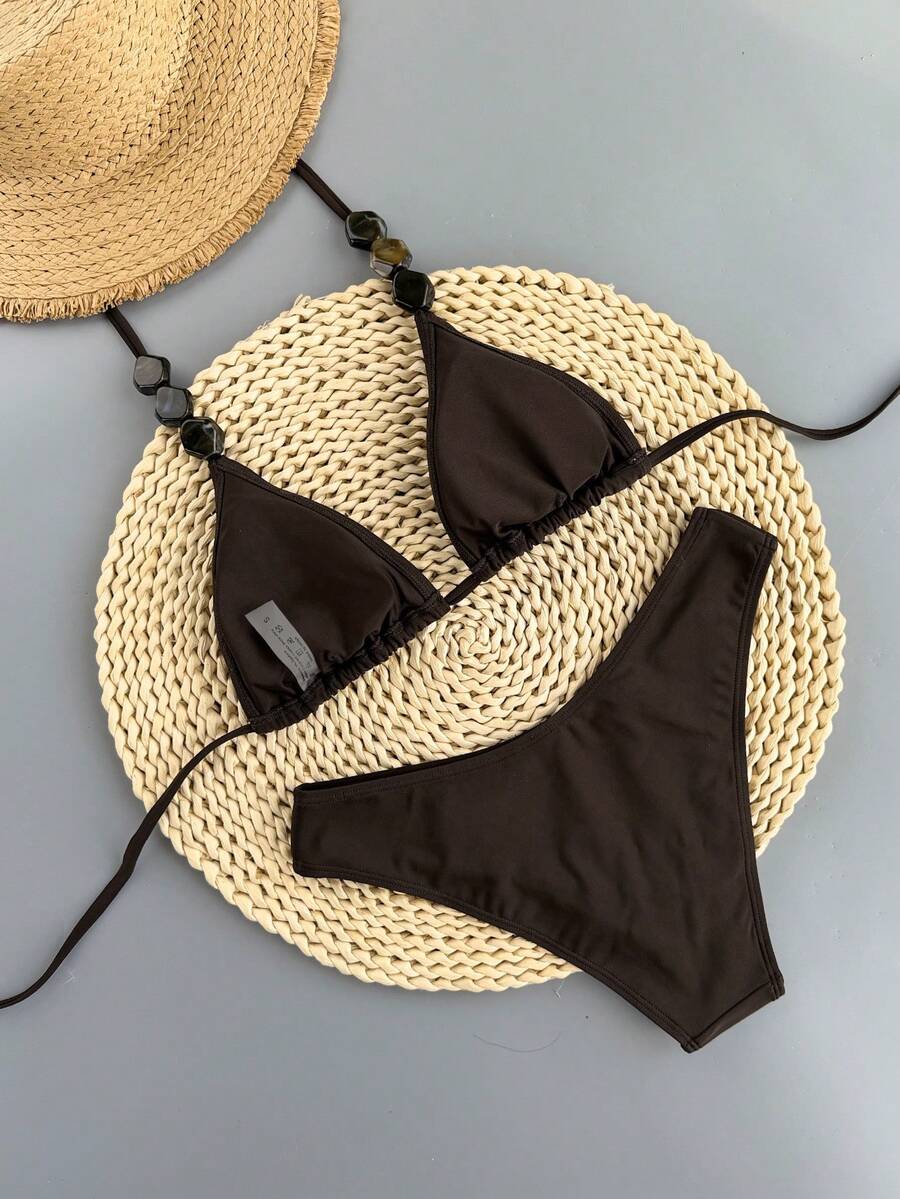 Swim Vcay 2026 Spring/Summer Women's Spaghetti Strap Halter Neck Black Base White Polka Dot Random Print Sweet Cute Side High Cut Bikini Swimwear 2-Piece Set Vacation Bikini Set Pink Bikini Set High Leg Bikini Set Modest Bikini Set Bikini Set