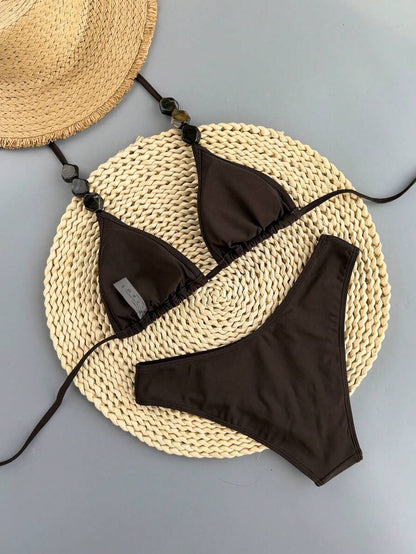 Swim Vcay 2026 Spring/Summer Women's Spaghetti Strap Halter Neck Black Base White Polka Dot Random Print Sweet Cute Side High Cut Bikini Swimwear 2-Piece Set Vacation Bikini Set Pink Bikini Set High Leg Bikini Set Modest Bikini Set Bikini Set