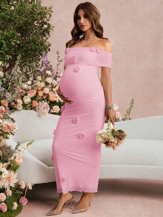 Elegant Party Solid Color Off-Shoulder Dress With 3D Floral Decor For Pregnant Women