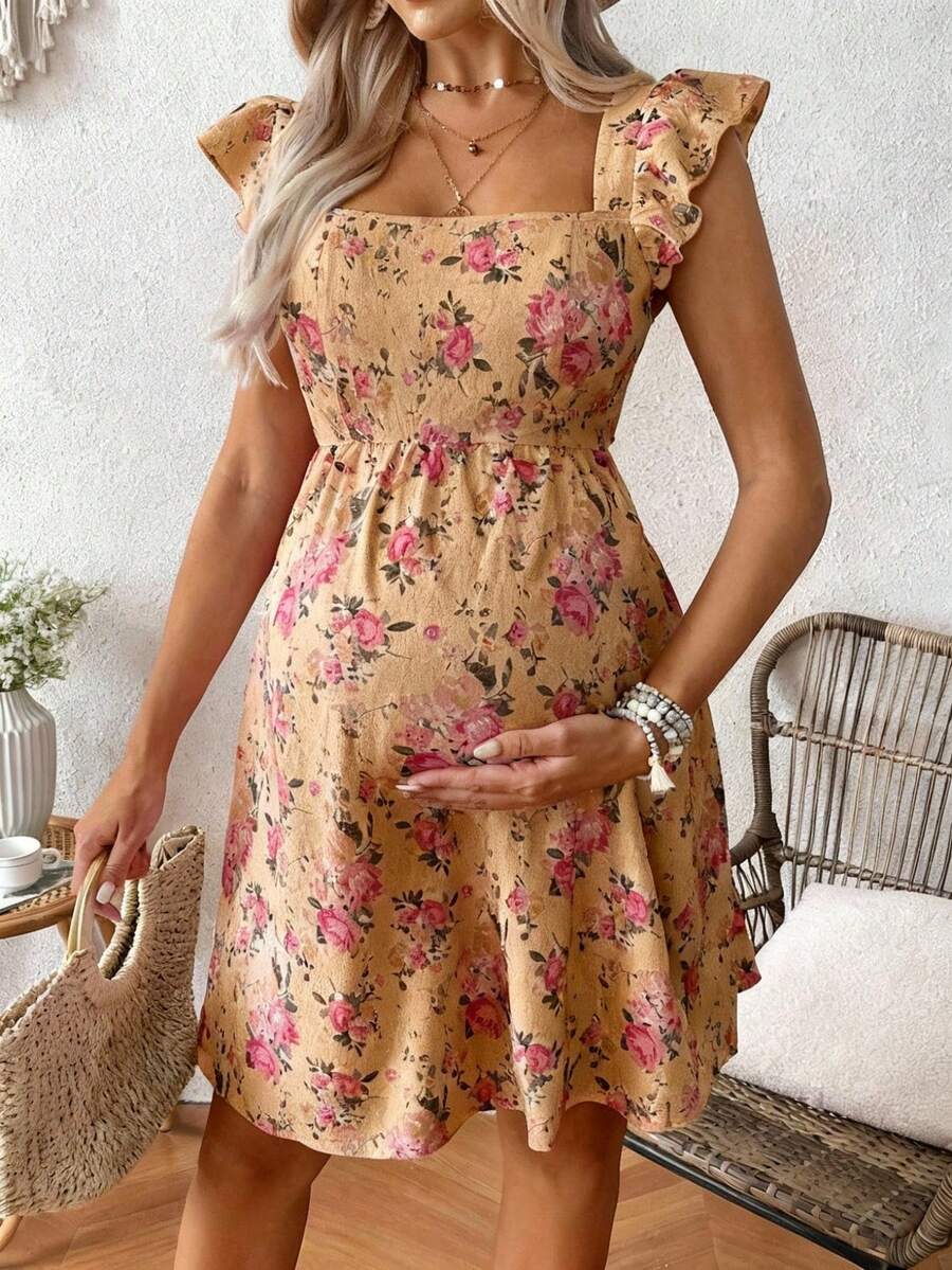 Pink Floral Maternity Square Neck Dress with Ruffle Flounce Sleeves and Boho High Waist A-Line Flare Hem Silhouette