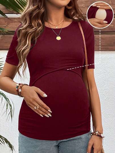 Burgundy Maternity Nursing Top with Short Sleeves and Ruched Slim Fit Detail - Soft Knit Casual Round Neck Shirt for New Moms