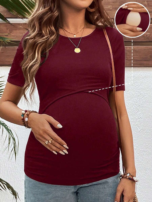 Burgundy Maternity Nursing Top with Short Sleeves and Ruched Slim Fit Detail - Soft Knit Casual Round Neck Shirt for New Moms