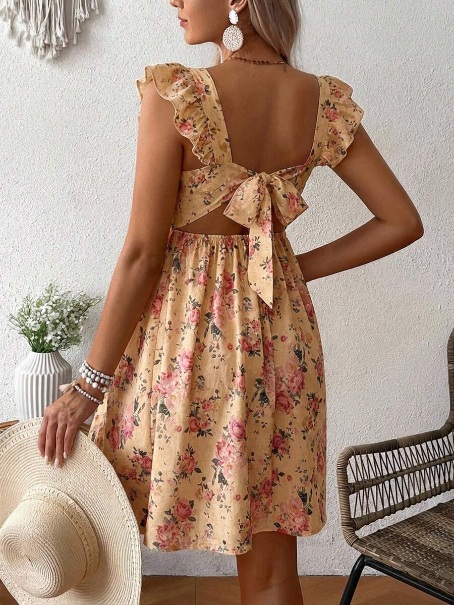 Pink Floral Maternity Square Neck Dress with Ruffle Flounce Sleeves and Boho High Waist A-Line Flare Hem Silhouette