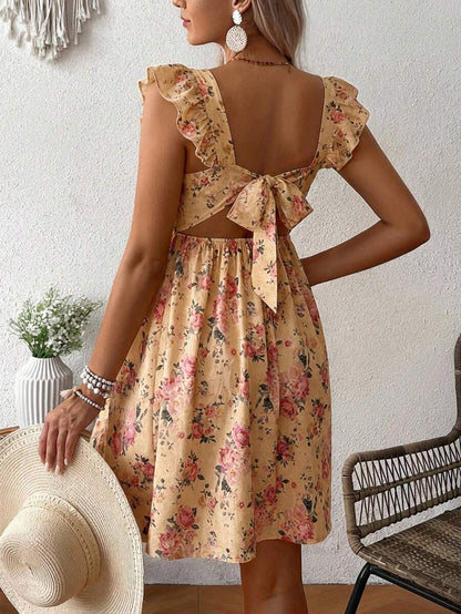 Pink Floral Maternity Square Neck Dress with Ruffle Flounce Sleeves and Boho High Waist A-Line Flare Hem Silhouette
