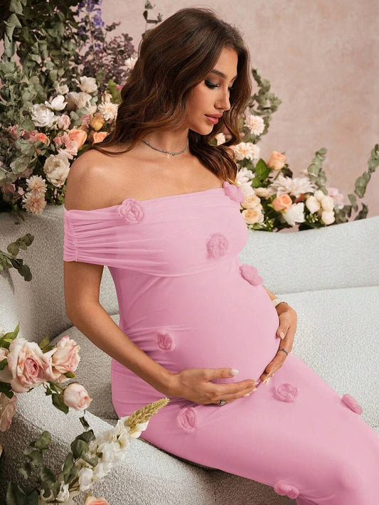 Elegant Party Solid Color Off-Shoulder Dress With 3D Floral Decor For Pregnant Women