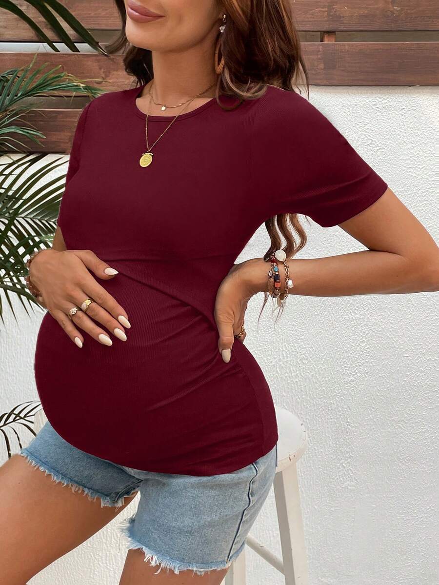 Burgundy Maternity Nursing Top with Short Sleeves and Ruched Slim Fit Detail - Soft Knit Casual Round Neck Shirt for New Moms