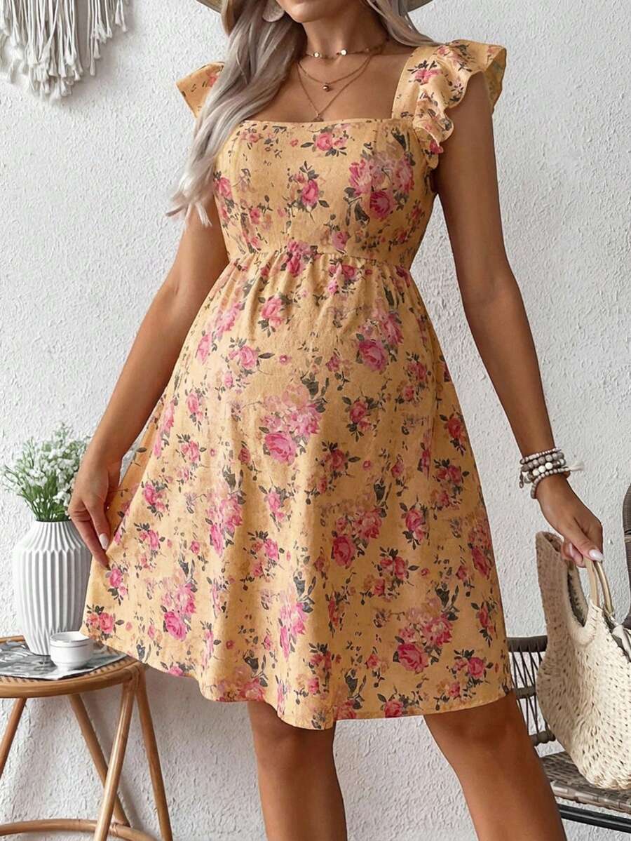 Pink Floral Maternity Square Neck Dress with Ruffle Flounce Sleeves and Boho High Waist A-Line Flare Hem Silhouette