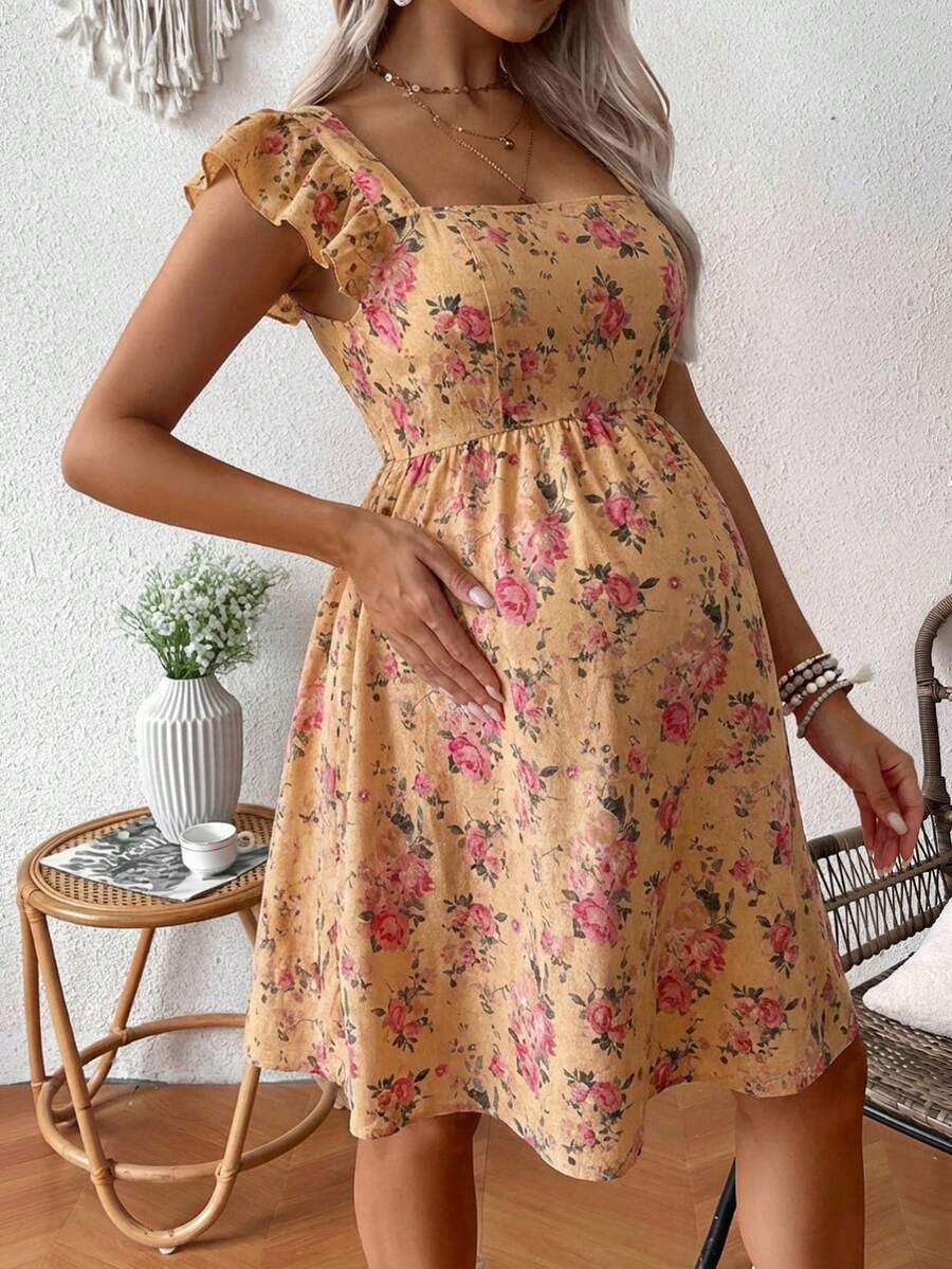 Pink Floral Maternity Square Neck Dress with Ruffle Flounce Sleeves and Boho High Waist A-Line Flare Hem Silhouette