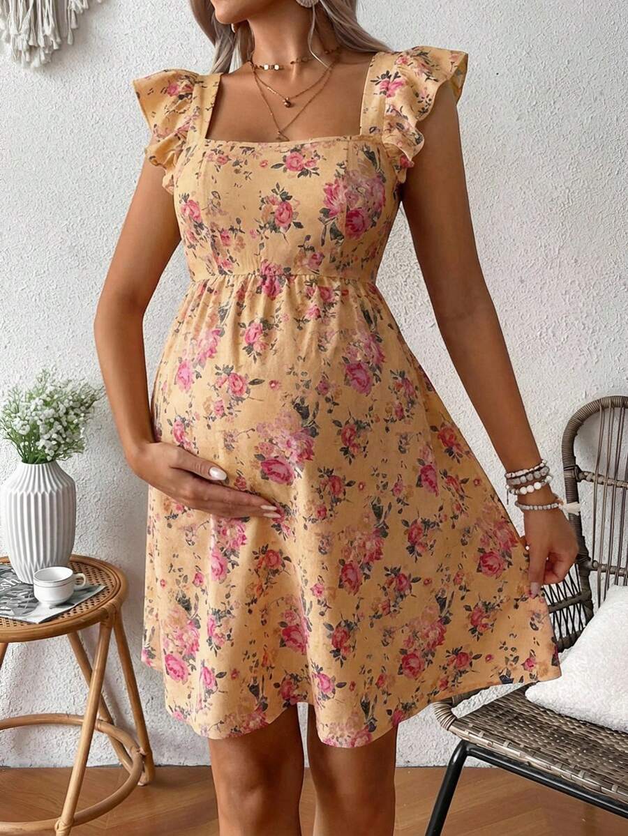 Pink Floral Maternity Square Neck Dress with Ruffle Flounce Sleeves and Boho High Waist A-Line Flare Hem Silhouette