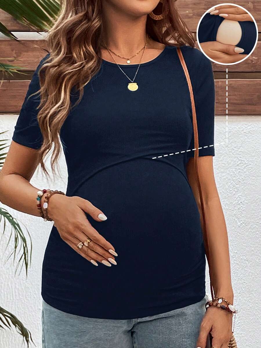 Black Crew Neck Short Sleeve Slim Fit Maternity Nursing Tee with Ruched Detail and Letter Print Knitted Fabric Casual Top